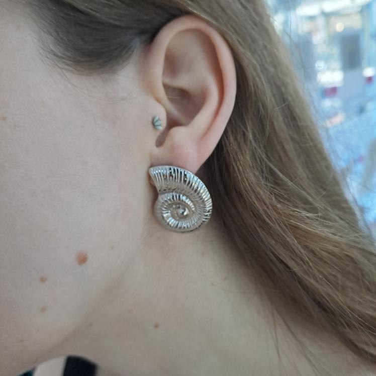 Silver Tone Extra Large 3cm Ammonite Earrings in Stainless Steel