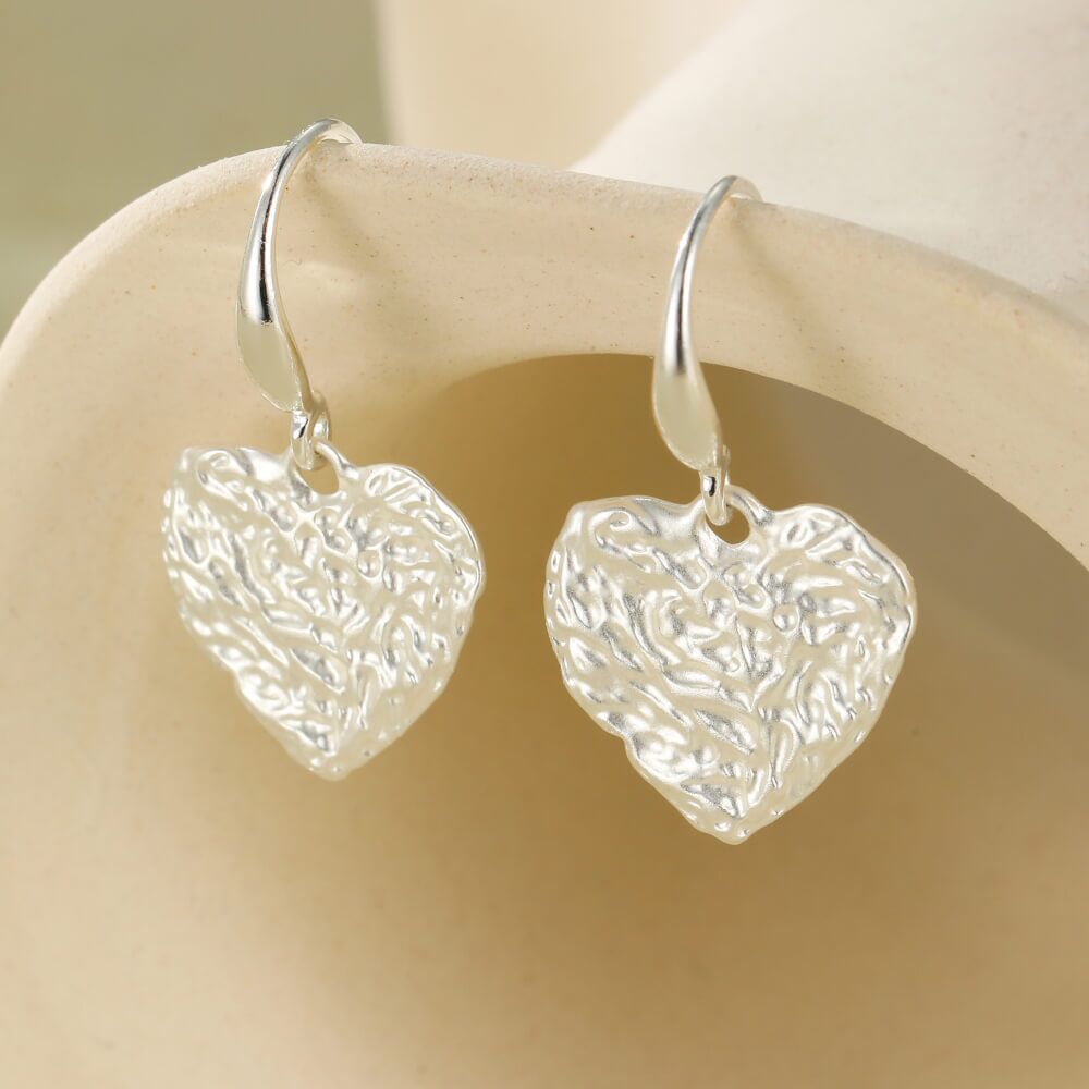 Silver Tone Drop Earrings with Textured Matt Hearts