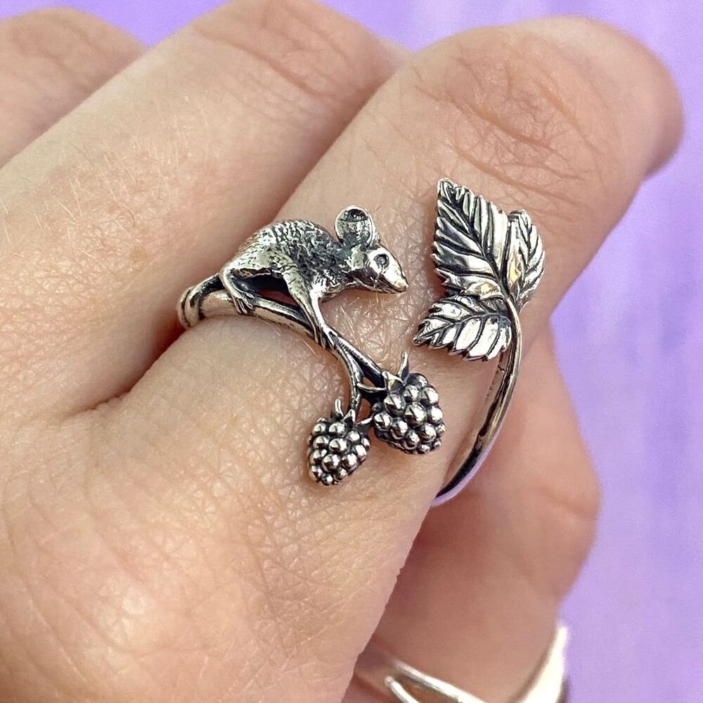 Adjustable Oxidised Sterling Silver Mouse, Blackberry Bramble Ring (Size O-Q) (SR229)