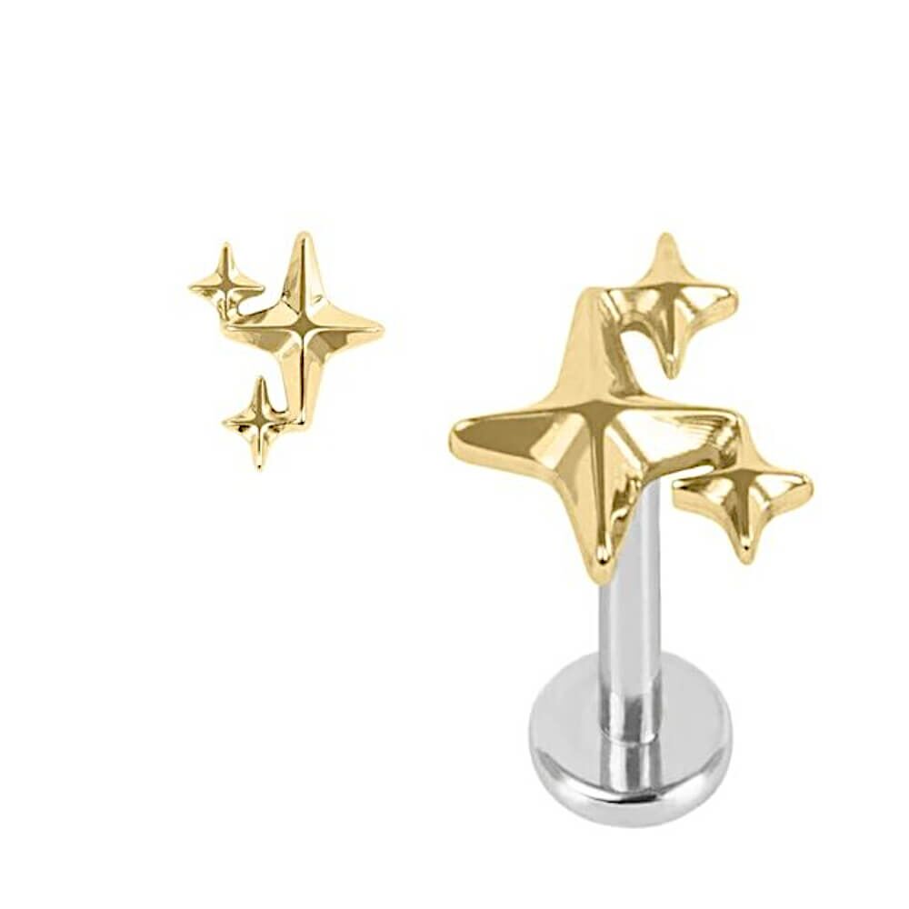 Titanium Internally Threaded Labret with Gold Triple Star Design Attachment (C213)G)