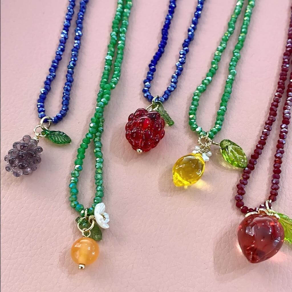 Beaded Necklace with Purple Bunch of Grapes Pendant