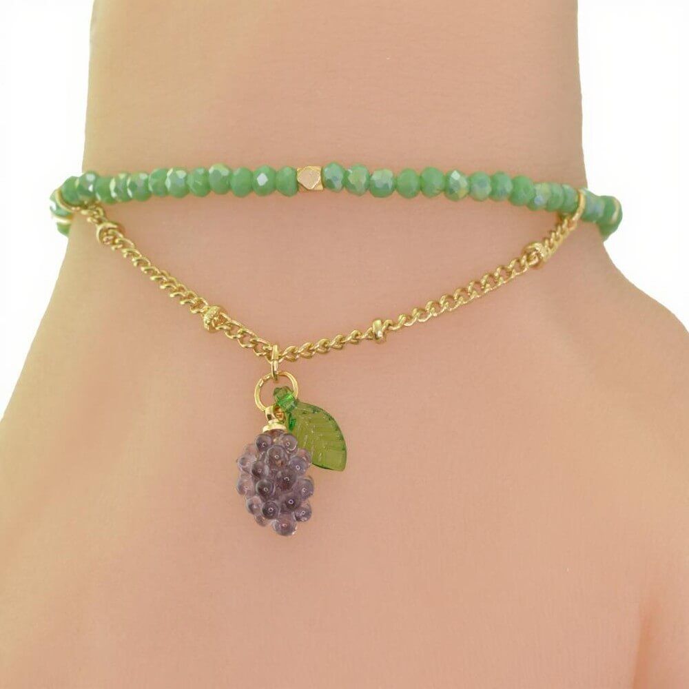 Cute and Quirky Beaded Bracelet with Gold Tone Elements and Purple Grape Bunch Charm (M123)A)