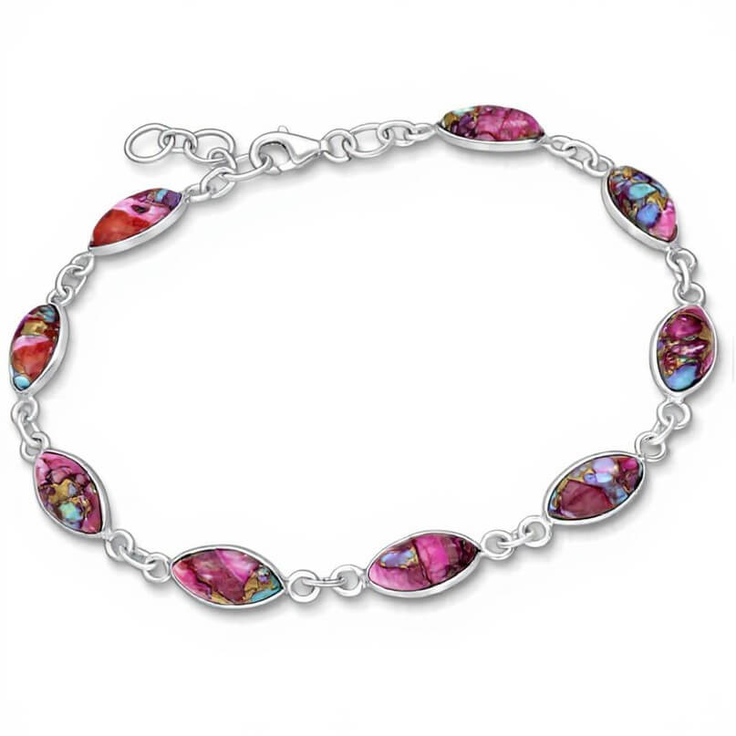 Gorgeous Sterling Silver Bracelet with Pink Copper Turquoise Teardrops (18-19cm)