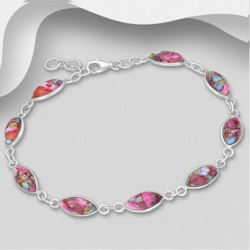 Gorgeous Sterling Silver Bracelet with Pink Copper Turquoise Teardrops (18-19cm)