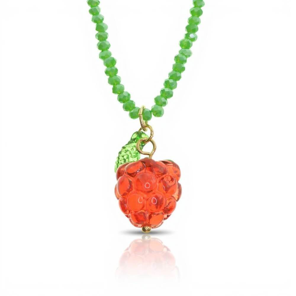 Cute and Quirky Blue Beaded Necklace with Gold Tone Elements and Pink Raspberry Pendant (M286)C)