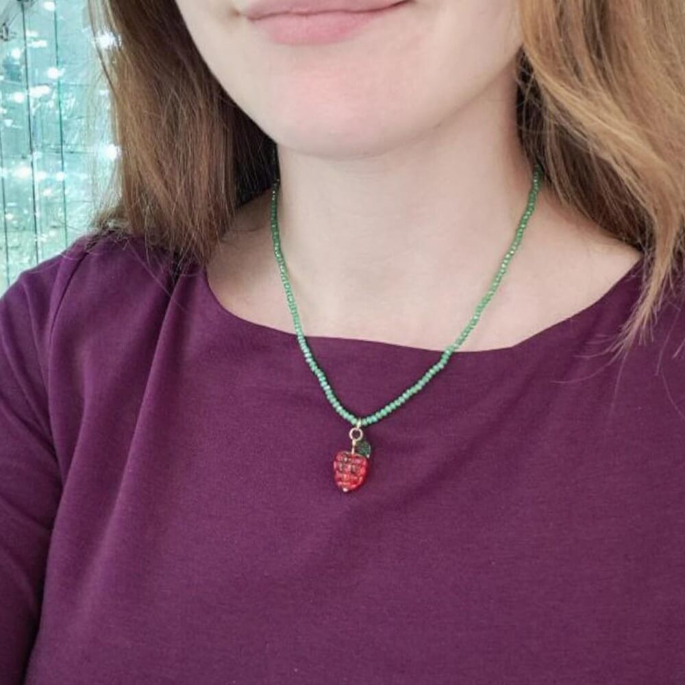 Cute and Quirky Blue Beaded Necklace with Gold Tone Elements and Pink Raspberry Pendant (M286)C)